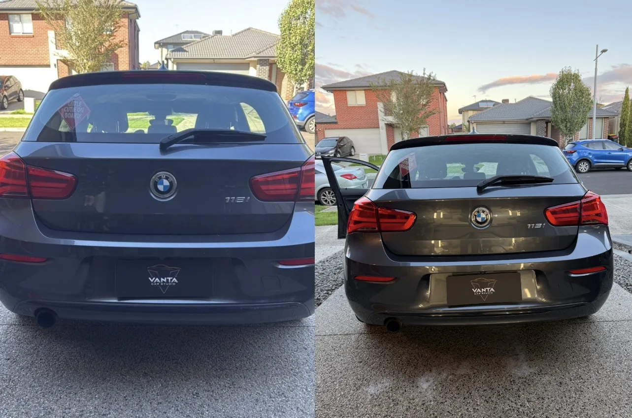 Car rear before and after a full inside-and-out detail