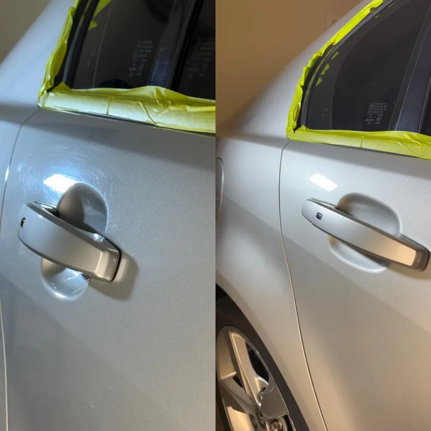 Car door before and after swirl-mark correction, before on the left, corrected on the right