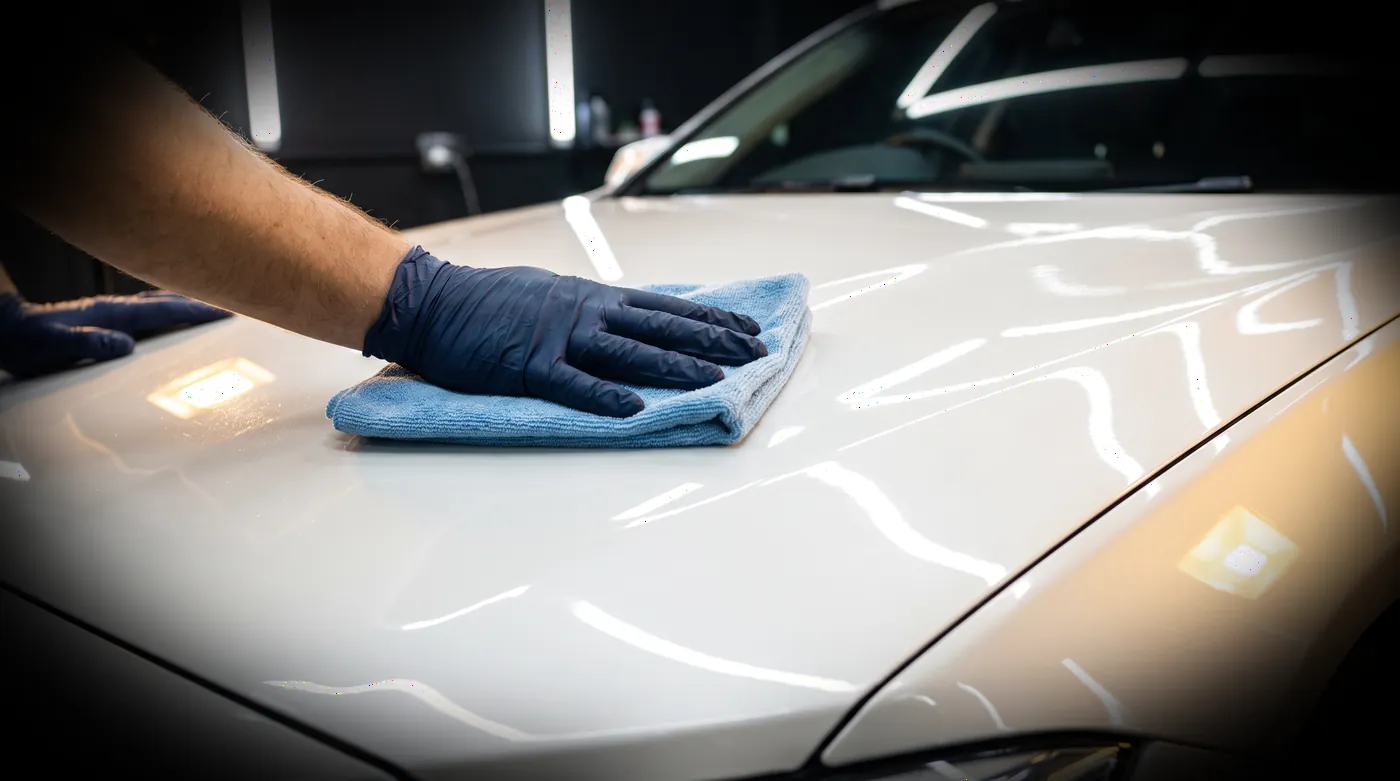 A microfibre buff bringing a pearl-white bonnet to a mirror finish